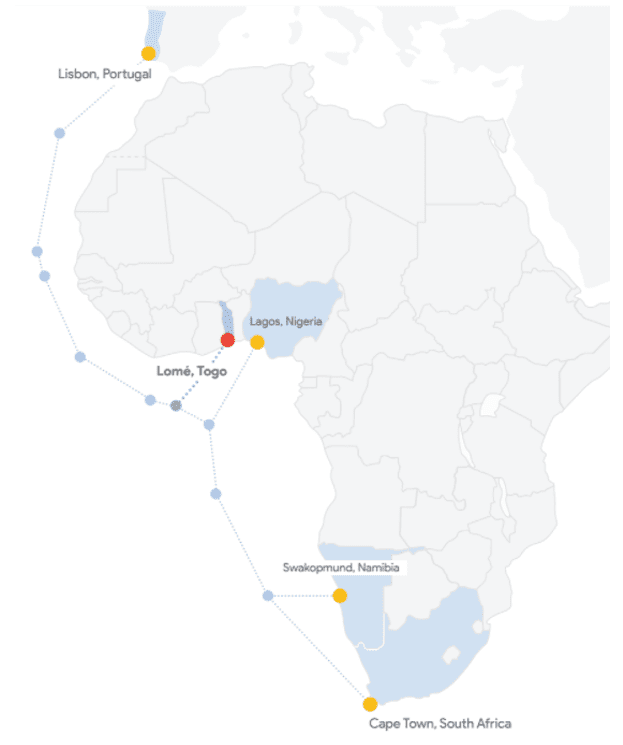 Map of Africa indicating Lisbon Togo and Cape Town landings with branching units
