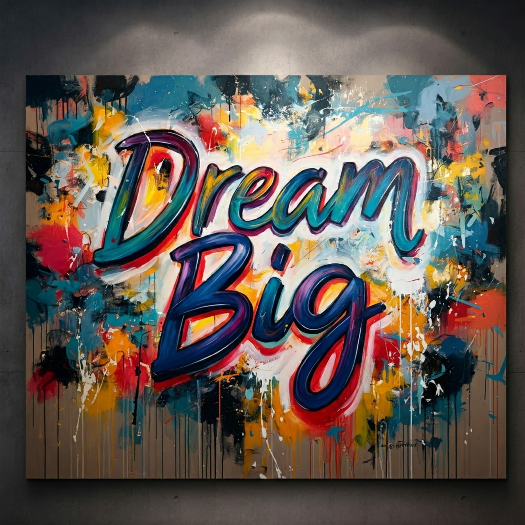 A vibrant abstract painting with the words Dream Big splashed across the canvas in bold colors