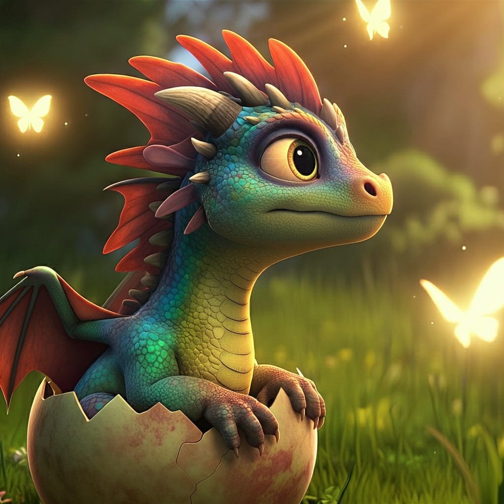 An animated image of a tiny dragon hatching from an egg in a sunlit meadow surrounded by curious glowing butterflies. Vibrant colors detailed scales