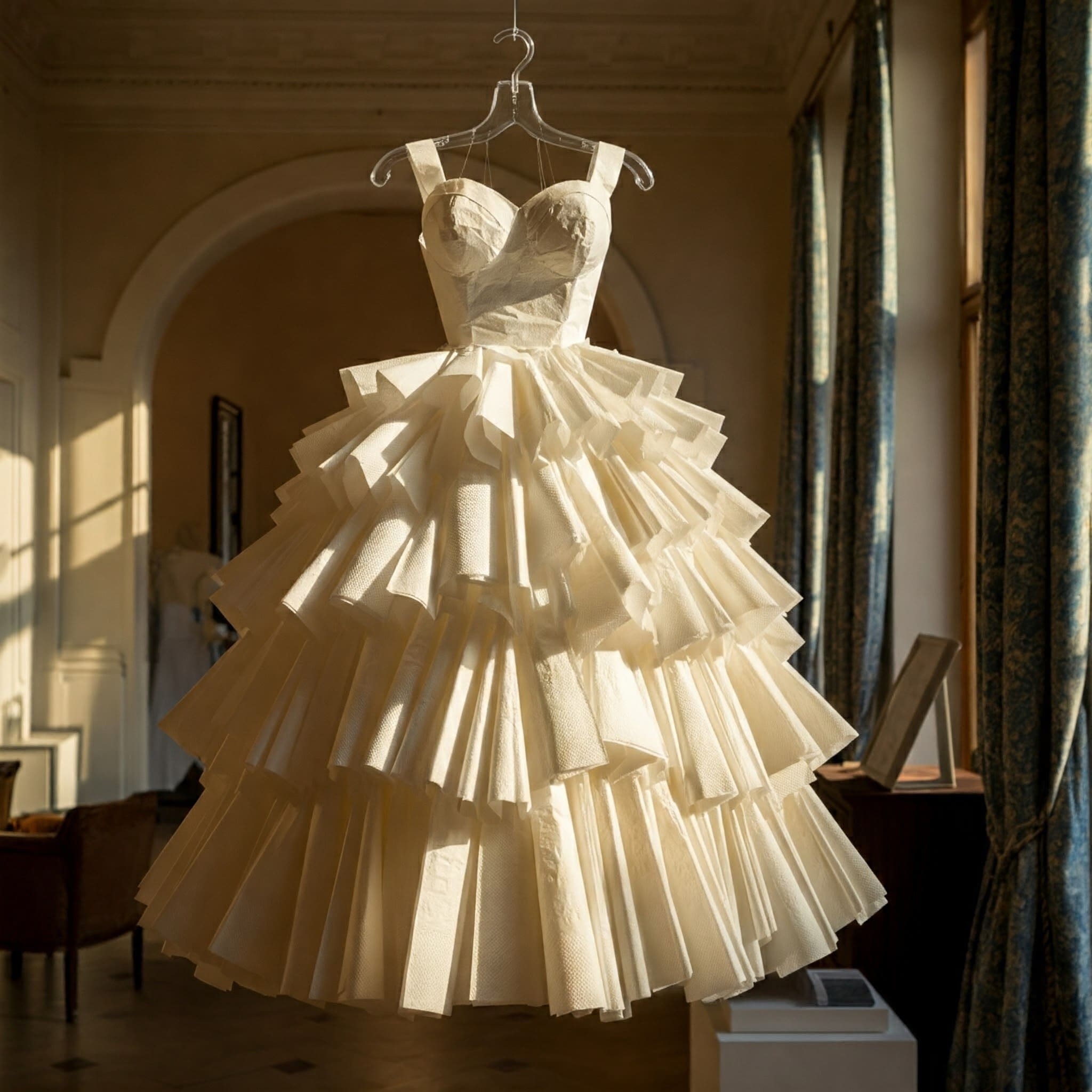 An image of a ball gown made of paper napkins in an elegant showroom