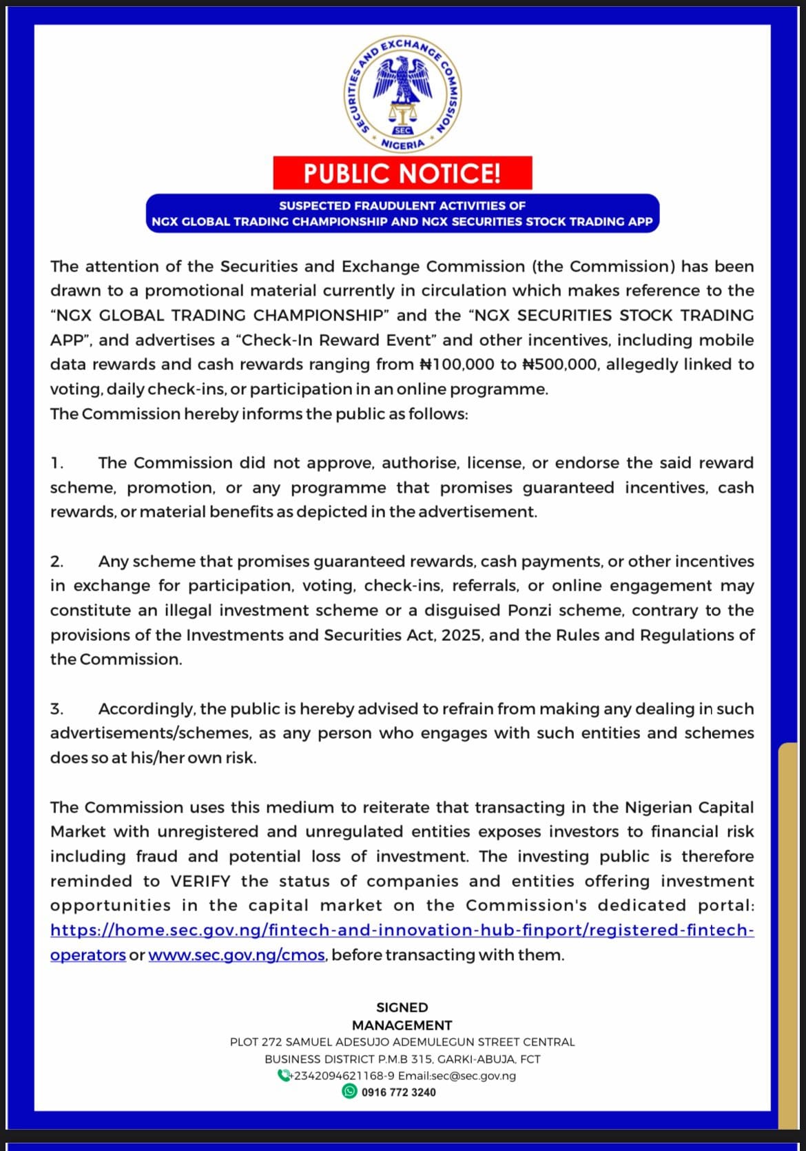 SEC Nigeria Blacklists NGX Global Trading App, Flags it as a Fraudulent Scheme G uFOduXYAENCro