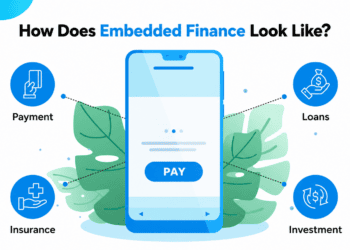 Embedded finance illustration showing how businesses integrate payments, lending, insurance, and banking services into digital platforms.
