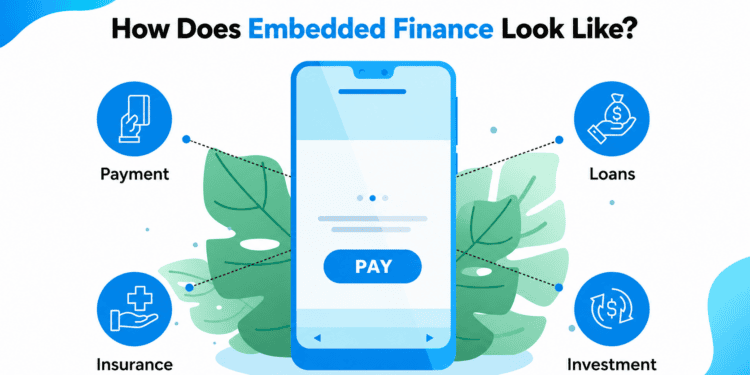 Embedded Finance Explained: Why It's Everywhere and Why It Matters Embedded finance illustration showing how businesses integrate payments, lending, insurance, and banking services into digital platforms.